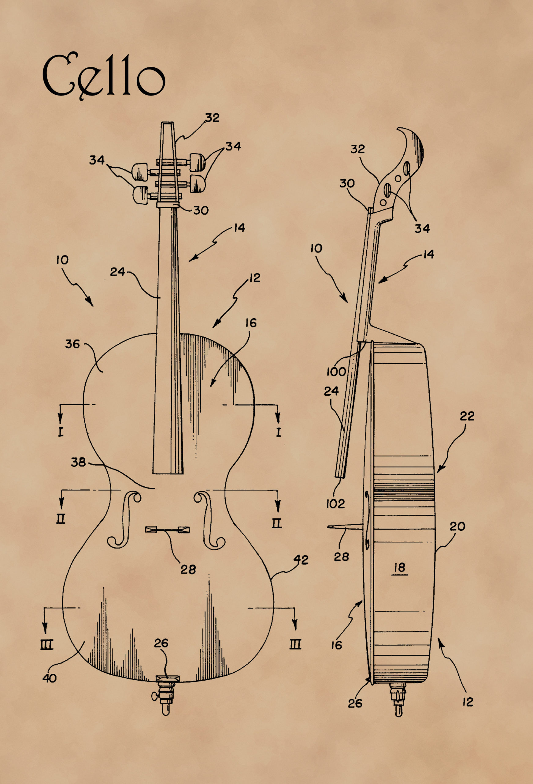 U.S. Patent diagram for Cello musical instrument on faded parchment paper.