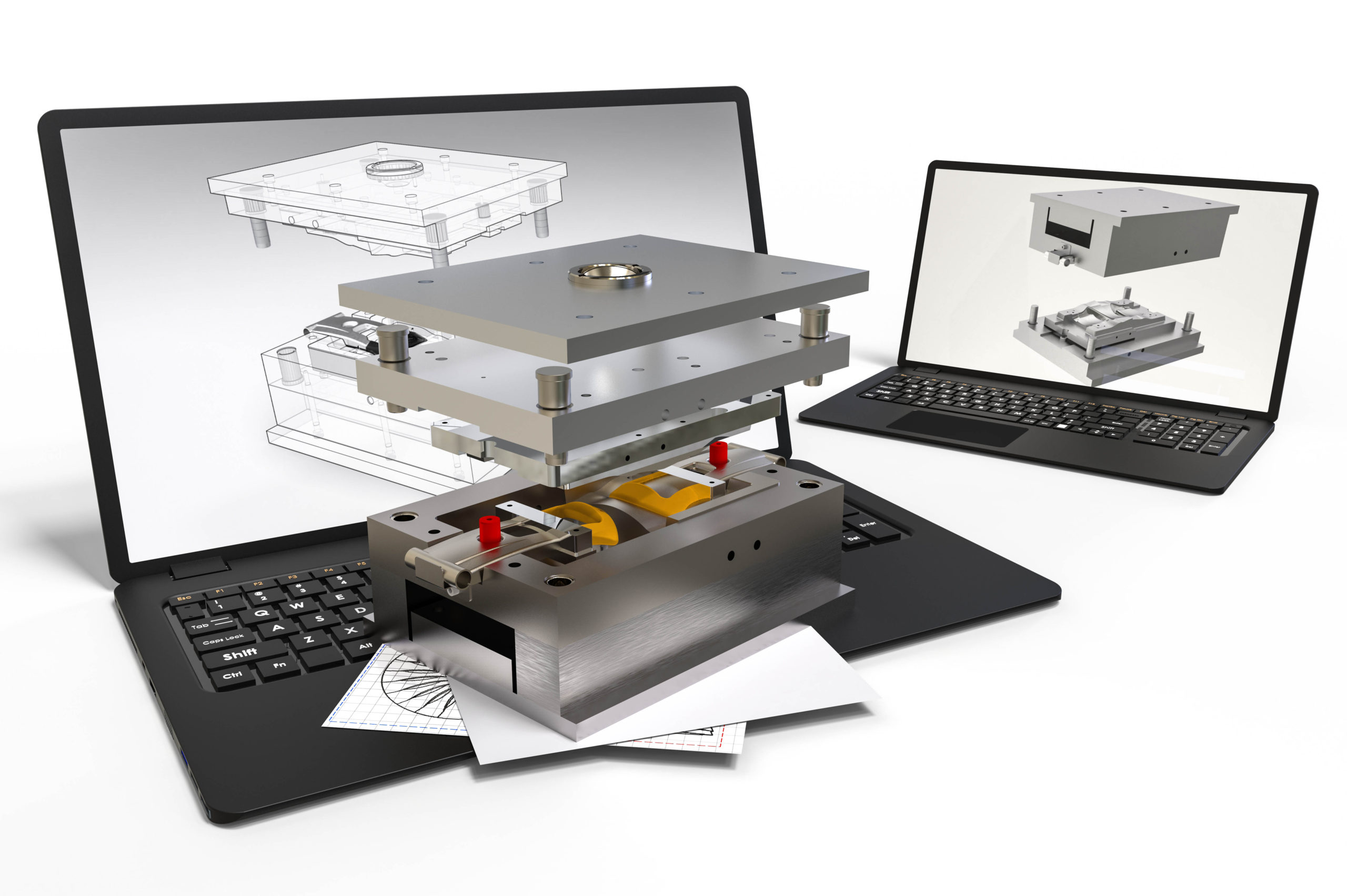 Computer aided design in Mold design with 3D software. Computers, laptops.