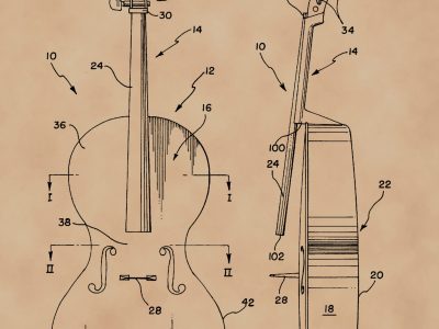 U.S. Patent diagram for Cello musical instrument on faded parchment paper.