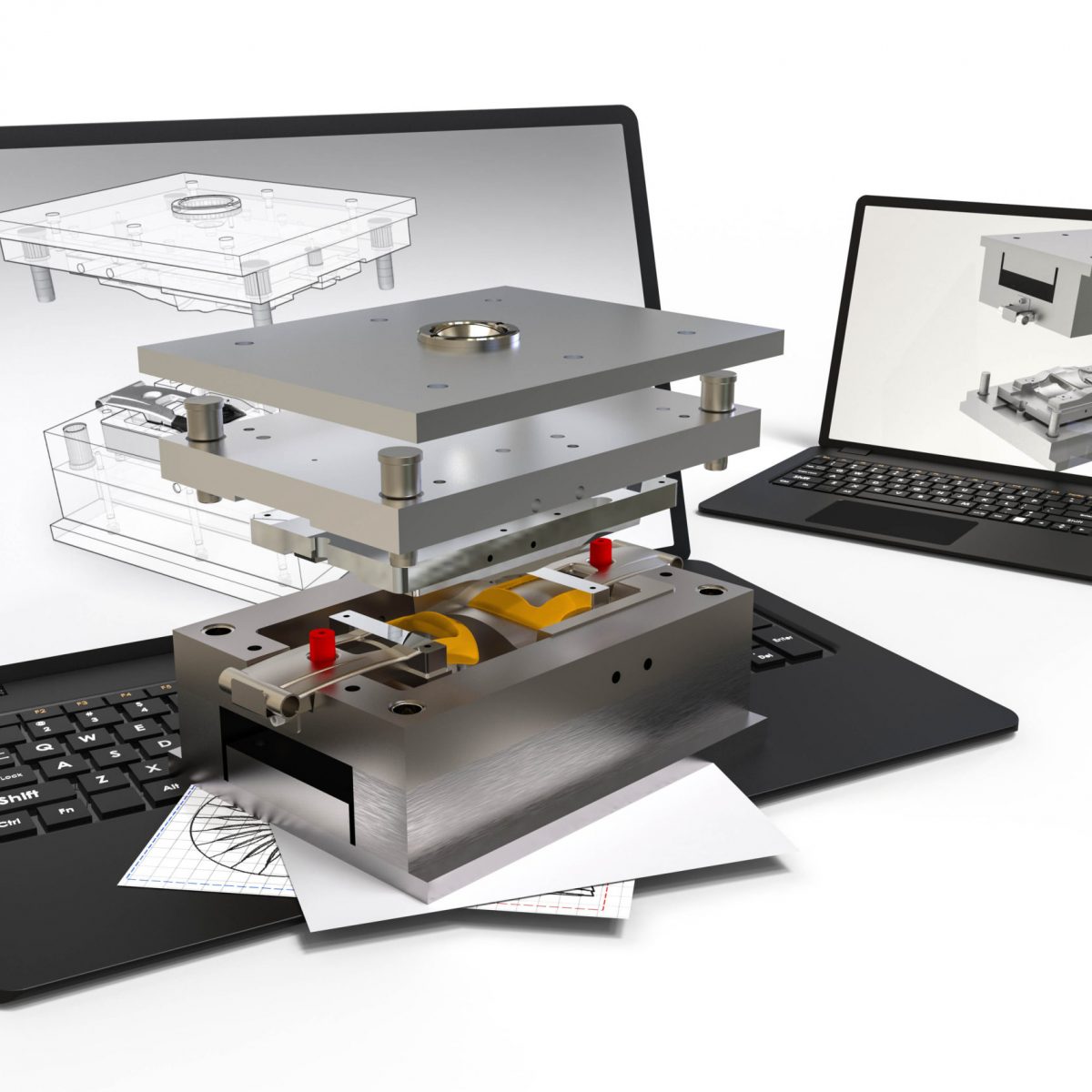 Computer aided design in Mold design with 3D software. Computers, laptops.